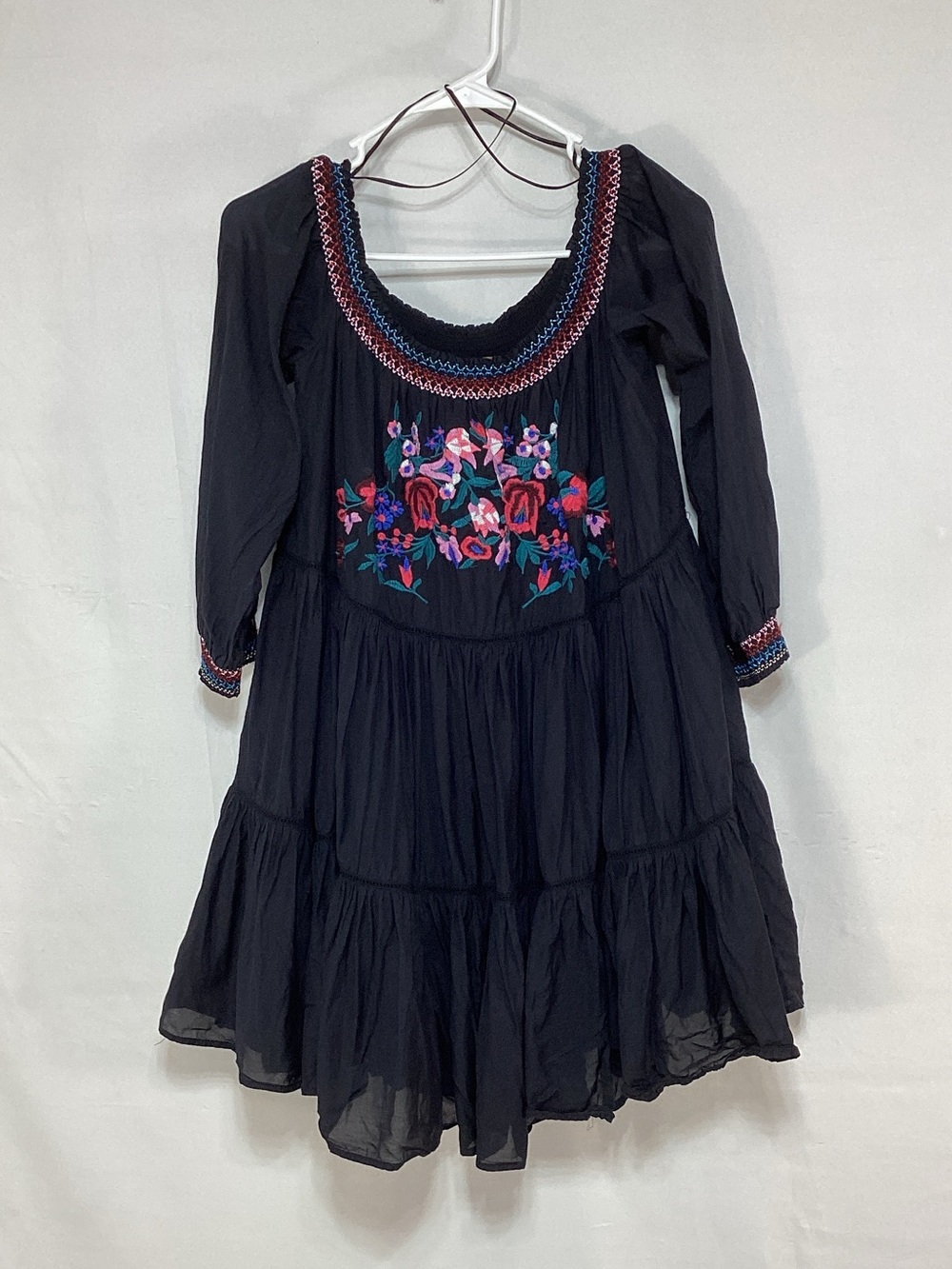Free People Black Embroidered Floral Peasant Tunic
